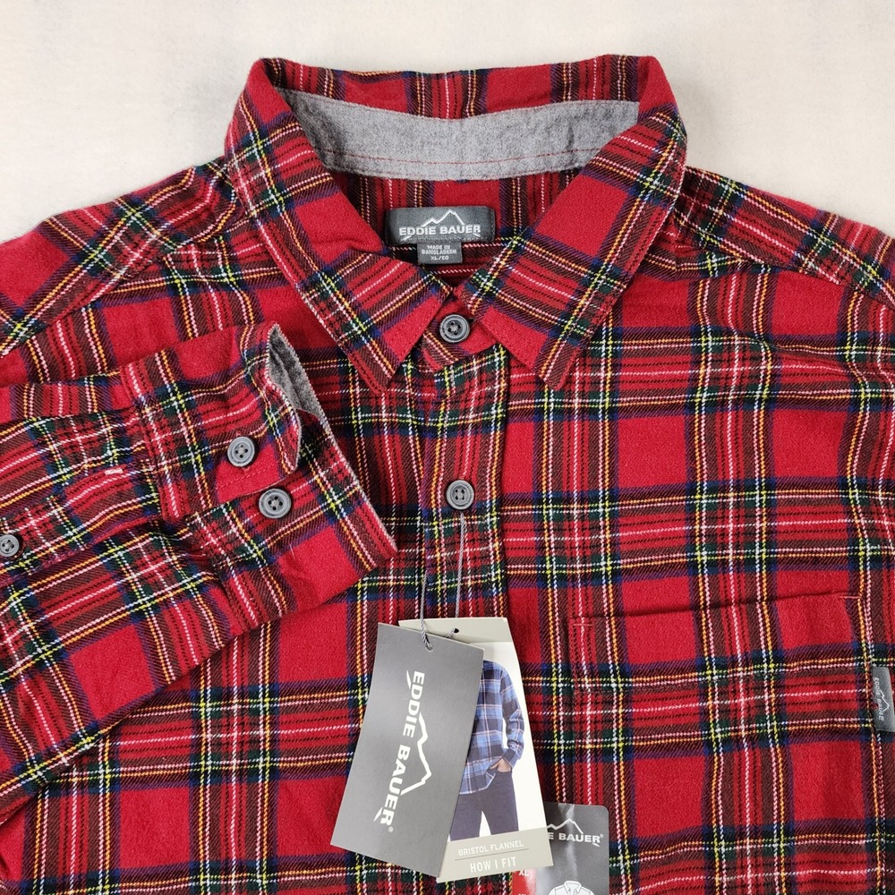 Eddie Bauer Mens Bristol Flannel Shirt Red Plaid Double Brushed Cotton XL New